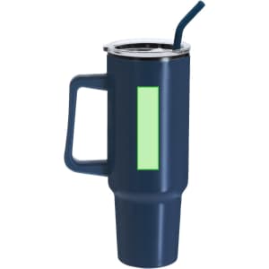 A drink bottle in navy blue with a handle, straw, and a space for branding or decoration.