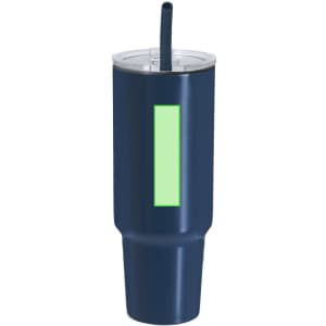 A drink bottle featuring a navy blue insulated design with a clear lid and straw, and a blank green area for customisation.