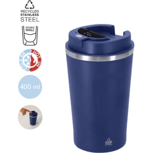 A drink bottle in navy blue with a double wall design, featuring a lid and a logo. Capacity of 400 ml.
