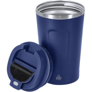 A drink bottle in navy blue with a stainless steel interior and a detachable lid featuring a sipping mechanism.