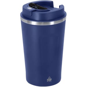 A drink bottle in navy blue with a stainless steel band and a lid featuring a logo. Ideal for keeping beverages insulated.