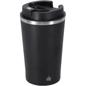 A drink bottle in matte black with a silver band and a lid featuring a logo. Designed for insulation.