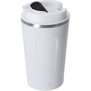 A drink bottle in white with a stainless steel rim and a black lid featuring a logo.