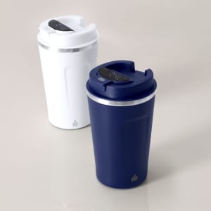 A drink bottle set featuring a navy blue and a white insulated cup, each with a lid and a logo.