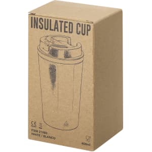 A drink bottle in a white insulated cup design, packaged in a brown cardboard box featuring a logo.