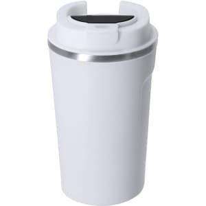 A drink bottle with a white exterior, silver band, and a black lid. Features a logo on the side.