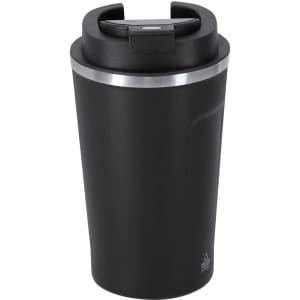 A drink bottle with a sleek black exterior, stainless steel accent, and a secure lid. It features a logo on the side.