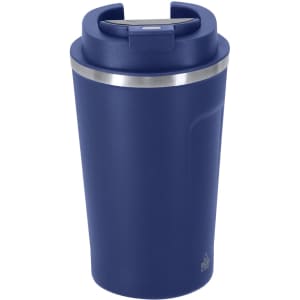 A drink bottle with a dark blue finish and a stainless steel band, featuring a secure lid and branding.