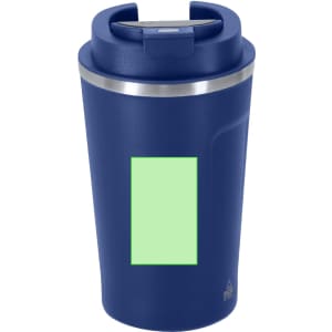 A drink bottle in navy blue with a stainless steel band and a lid, featuring a blank area for customisation.