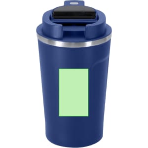 A drink bottle in navy blue featuring a silver band and a black lid, with an area for branding.