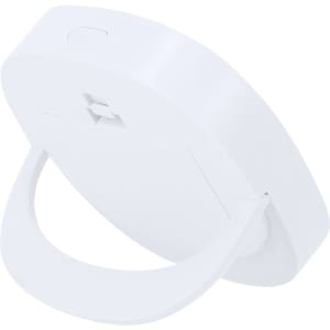 A white round mirror with a handle, featuring a logo on the back. Ideal for personal use in beauty routines.