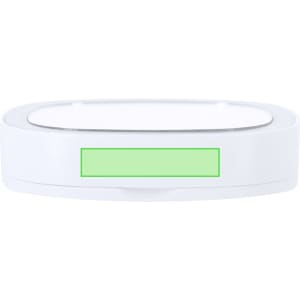 A white Qadan Mirror with a smooth surface and a sleek design, featuring a simple branding logo.