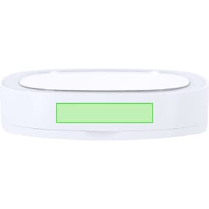 A white mirror with a sleek design, featuring a simple, flat surface and a branding logo.