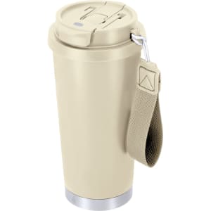 A drink bottle in beige with a silver base and a handle, featuring a secure lid and branding.