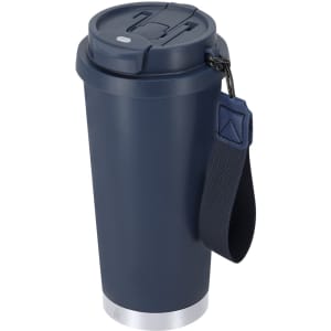 A drink bottle with a navy blue body, silver base, and a black strap, featuring a lid with a logo.