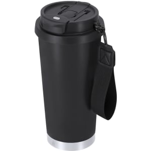 A drink bottle with a sleek black body, silver base, and a handle for easy carry. It features a lid with an opening.