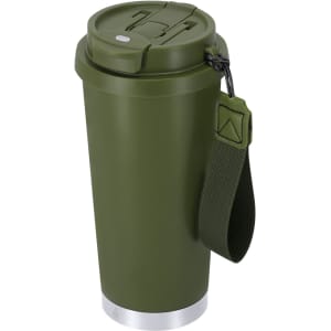 A drink bottle with a green exterior, silver base, and a handle strap, featuring a spill-resistant lid.