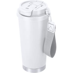 A drink bottle in a sleek white design with a silver base and a grey strap on the side. Features a secure lid.