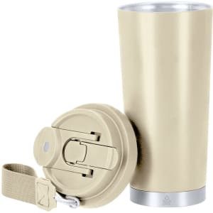 A drink bottle in a beige colour with a silver base and a removable lid featuring a strap.