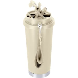 A drink bottle in a beige colour with a silver base, featuring a lid and various attachments. It has a logo.