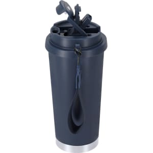 A drink bottle in navy blue with a metal base, featuring a lid and an attached carrying loop.