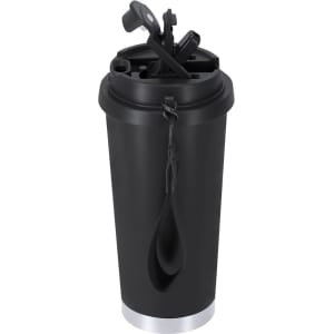 A drink bottle in black with a silver base, featuring a lid and a built-in straw. It has a logo on the side.