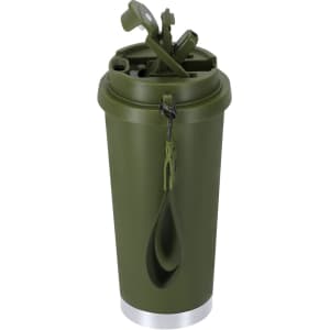 A drink bottle in olive green with a silver base, featuring a lid and a built-in handle.