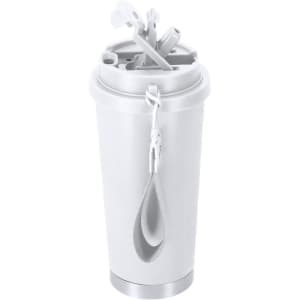 A drink bottle in white with a silver base and a detachable lid featuring a handle for easy carrying.