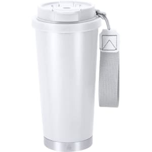 A drink bottle with a sleek white design, featuring a lid, a carrying strap, and a silver base.