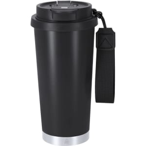 A drink bottle featuring a sleek black design with a silver base, a lid, and a strap for easy carrying.