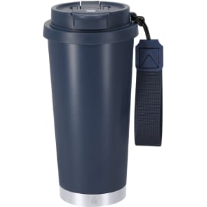 A drink bottle featuring a navy blue insulated design, a silver bottom, and a handle strap. It has a logo on the side.
