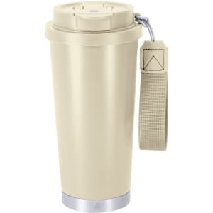 A drink bottle in a beige colour with a silver base and a carrying strap, featuring a lid and a logo.