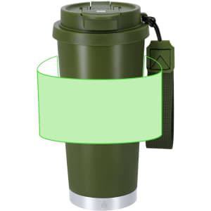 A drink bottle in olive green with a silver base and a strap, featuring a logo and an insulated design.