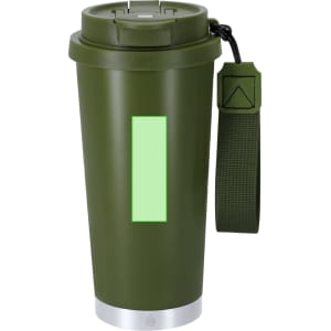 A drink bottle in olive green with a silver base, featuring a logo and a side strap for easy handling.