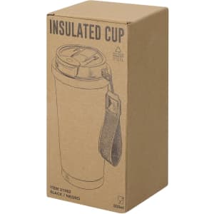 A drink bottle in black displayed in a cardboard box, featuring a lid and strap. Insulated design for temperature retention.