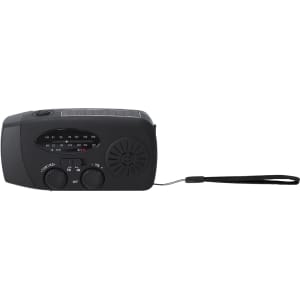 A black multifunction emergency radio with dials, a speaker, and a strap for easy carrying.