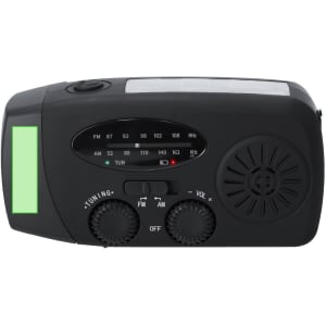 A black multifunction emergency radio with tuning and volume dials, featuring a speaker and a solar panel.