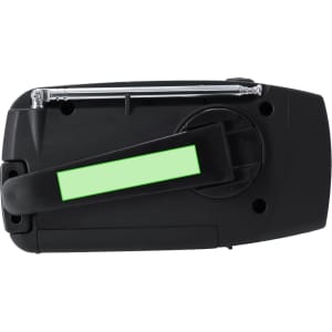 A black multifunction emergency radio with a green handle and a built-in antenna.