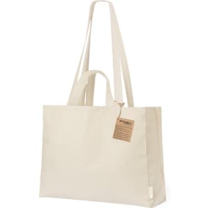 A beige tote bag with long straps and a tag, featuring a simple, unadorned design.
