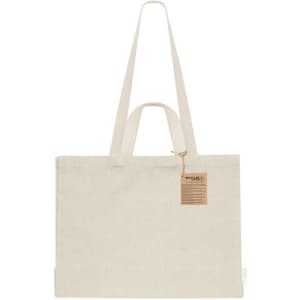 A beige tote bag with long shoulder straps and a tag, featuring a simple, minimalistic design.