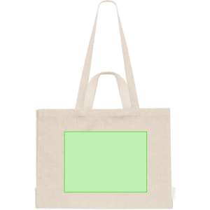 A beige tote bag featuring a blank area that can be customised, with long and short handles.
