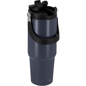 A drink bottle in navy blue with a black lid and a handle, featuring a branding logo.