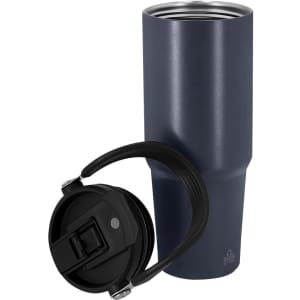 A drink bottle in navy blue, featuring a stainless steel body and a detachable black lid.