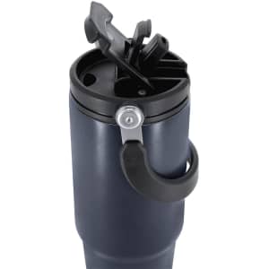 A drink bottle in navy, featuring a black handle and a secure sipping lid with multiple openings.