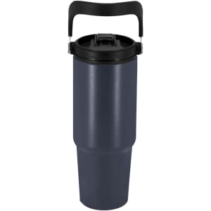A drink bottle in navy blue with a black lid and handle, featuring a logo. Suitable for hot or cold beverages.