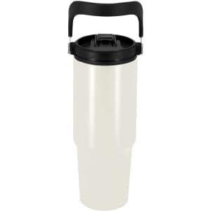 A drink bottle in cream and black with a handle, featuring a secure lid, designed for insulation.