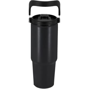 A drink bottle in matte black with a handle and a secure lid, designed for insulation. It features a logo.
