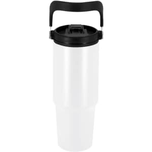 A drink bottle with a white body and a black lid and handle, featuring a logo on the side.