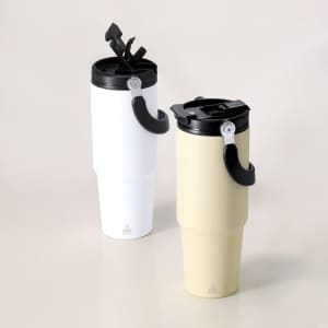 A drink bottle set featuring two insulated cups, one in white and one in cream, each with black lids and handles.