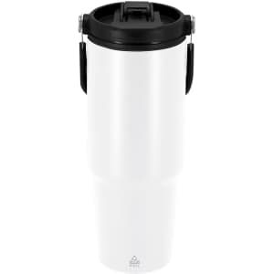 A drink bottle in white stainless steel with a black lid and handle, featuring a branding logo.